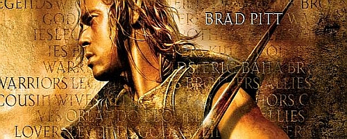 Tira do filme Tróia com Brad Pitt na capa.